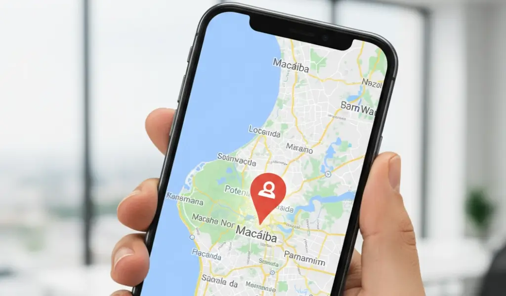 Mão segurando um smartphone com o Google Maps aberto, mostrando o mapa da Grande Natal e um pino de localização marcando uma empresa