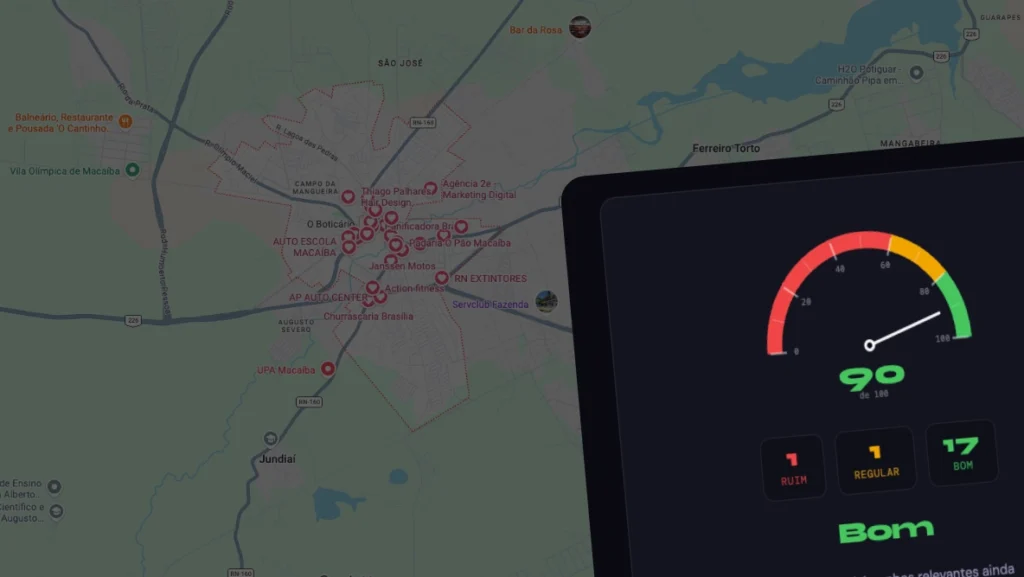 Dashboard moderno de SEO sobreposto com score e um mapa da região de Macaíba e Natal, mostrando pins de empresas no Google Maps/Google Meu Negócio.