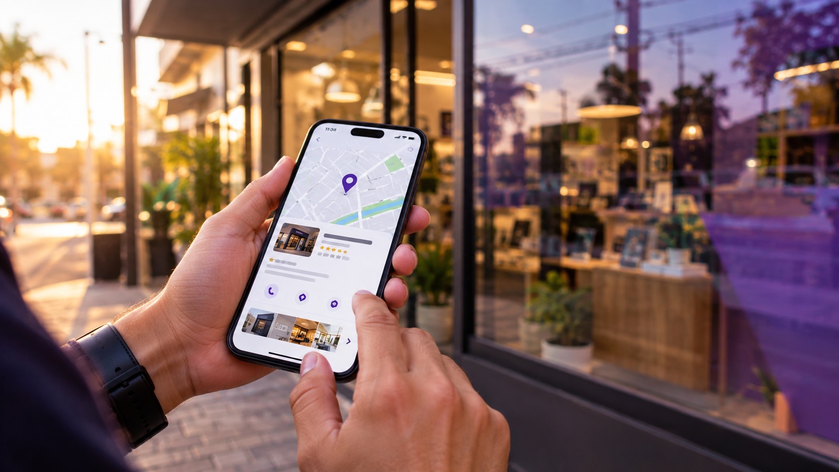 otimização Google Maps em Parnamirim — celular em frente à vitrine de uma loja